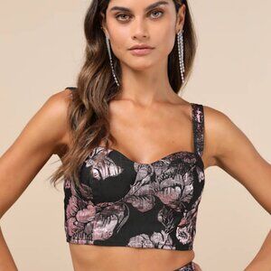 Lulus Flirtatious Cues Black And Metallic Pink Jacquard Bustier Top - Size M